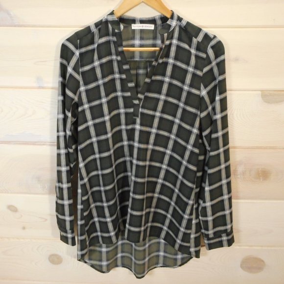 Peyton Jensen Size S Oversized Plaid Tunic Shirt Hi-Low Long Sleeve V-neck - Picture 1 of 6
